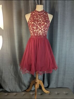 City Triangles Burgundy Beaded High-Neck Tulle Cocktail Dress